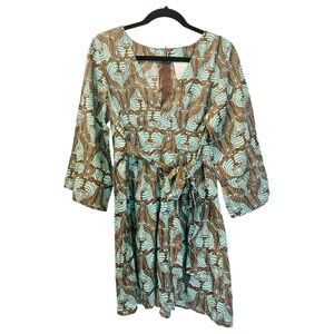 Tulle Los Angeles 100% Cotton V-Neck Boho Print Dress Brown/Mint Green SZ XL
